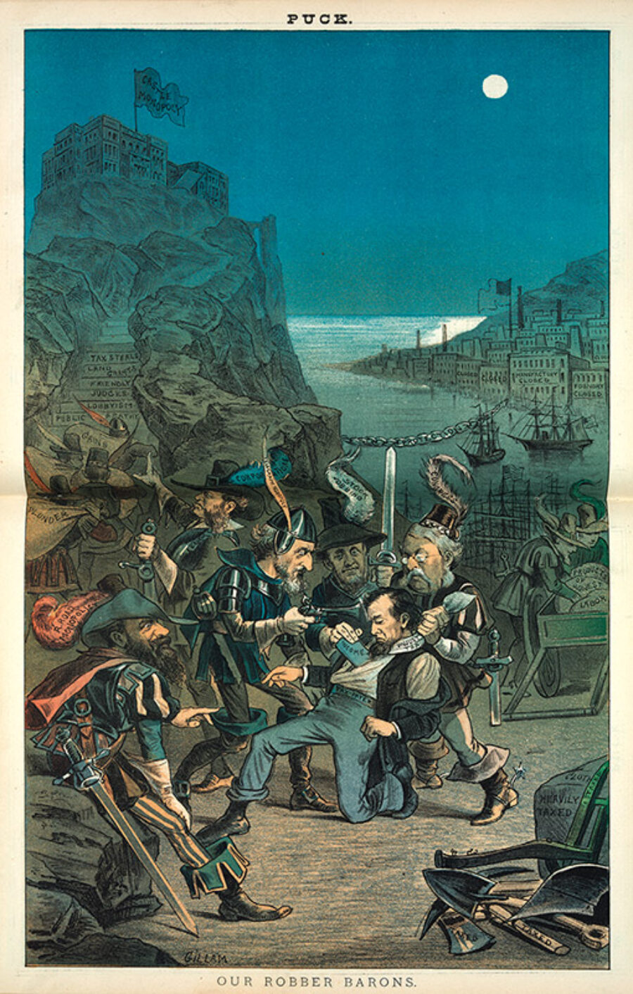 Our Robber Barons, by Bernhard Gillam, from the June 14, 1882, issue of Puck, with Jay Gould as r. road monopolist, William H. Vanderbilt as corporations, Cyrus W. Field as telegraph monopoly, Russell Sage as stock jobbing, and George M. Robeson as congress robbing a tax payer of his income. Courtesy Prints and Photographs Division, Library of Congress, Washington